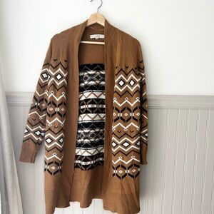 LOFT XS Women’s Tan Black Patterned Fair Isle Open Long Cardigan